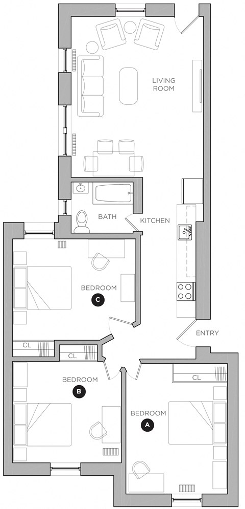 Floor plan for 3 beds, 1 bath, 433 sqft